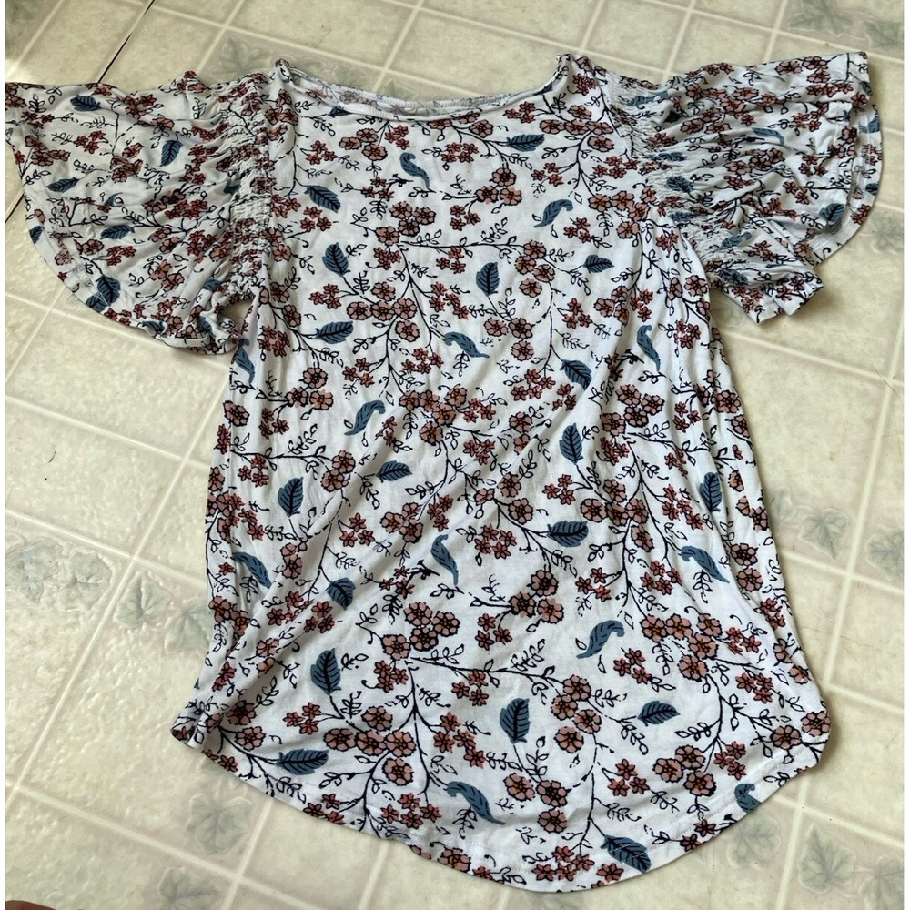 Loft Outlet Womens Short Flutter Sleeve Blue Pink Floral tee Round Neck Small